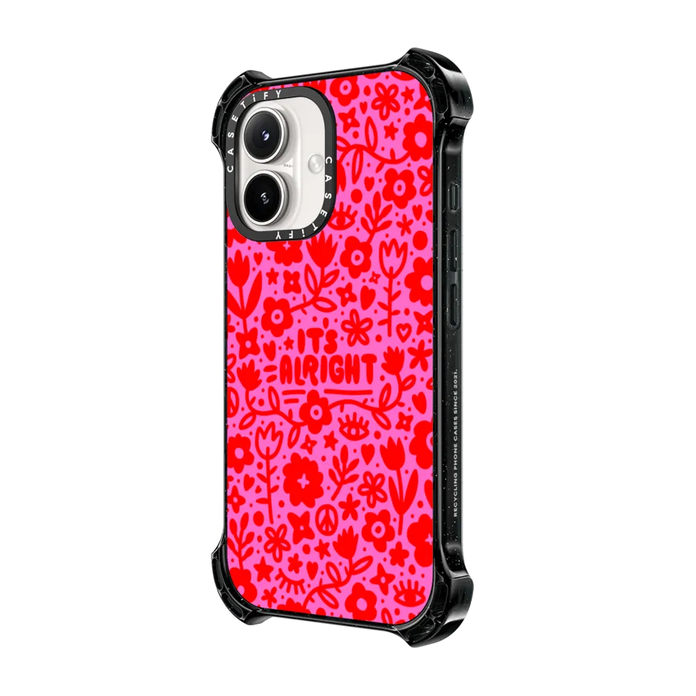 Bounce iPhone 16 Case MagSafe Compatible - Pink Red Flowers Hearts Eyes Peace "It's Alright" Floral Pattern