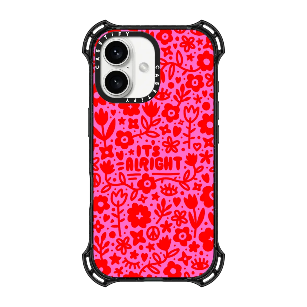 Bounce iPhone 16 Case MagSafe Compatible - Pink Red Flowers Hearts Eyes Peace "It's Alright" Floral Pattern