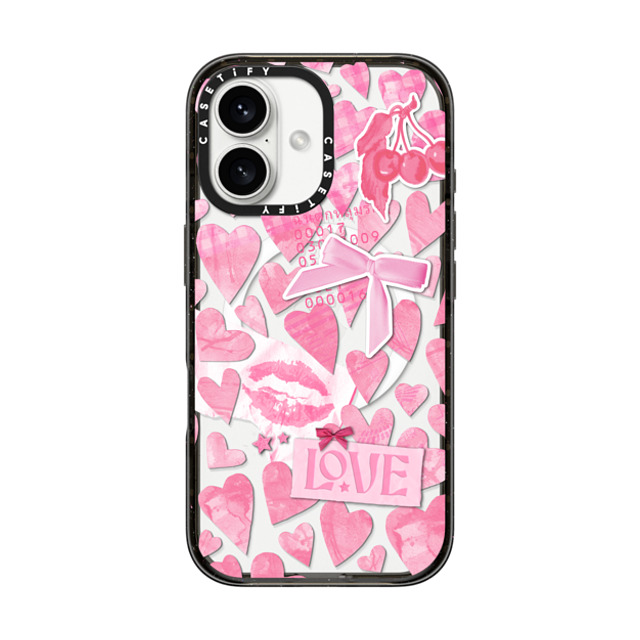 Hyakume x CASETiFY iPhone 16 ケース ブラック インパクトケース MagSafe対応 Transparent Pink Hearts Ribbon Stickers Love Cherry Kiss Stars Coquette Collage