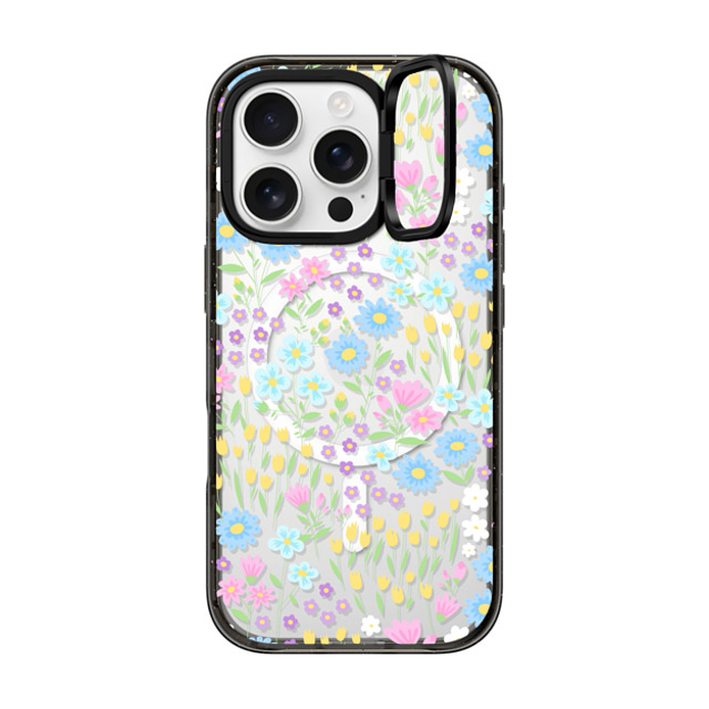 Hyakume x CASETiFY iPhone 16 Pro ケース ブラック インパクトリングスタンドケース MagSafe対応 Transparent Pastel Spring Wild Flower Floral Pattern