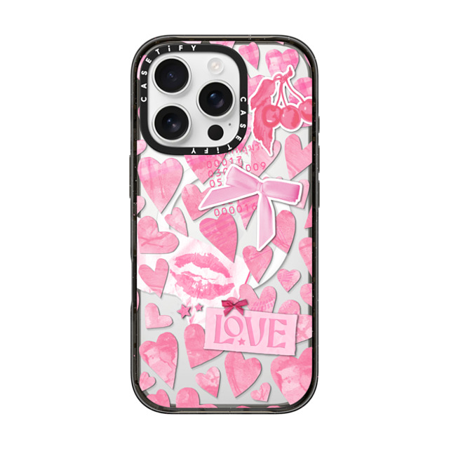 Hyakume x CASETiFY iPhone 16 Pro ケース ブラック インパクトケース MagSafe対応 Transparent Pink Hearts Ribbon Stickers Love Cherry Kiss Stars Coquette Collage