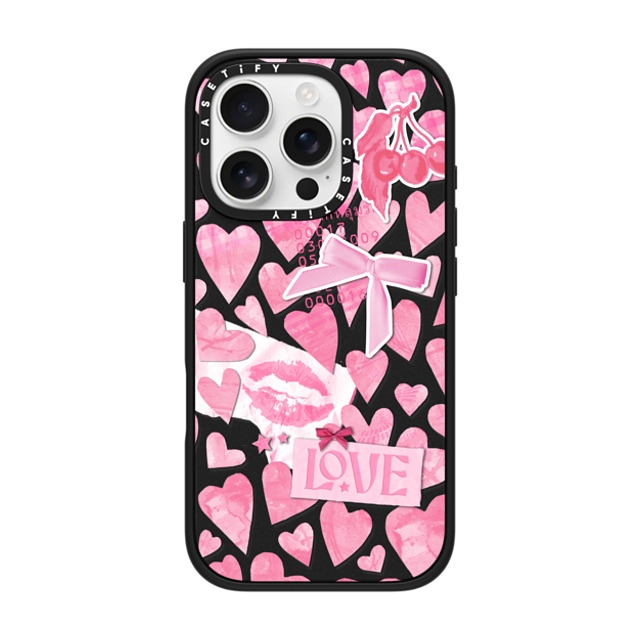 Hyakume x CASETiFY iPhone 16 Pro ケース マットブラック インパクトケース MagSafe対応 Transparent Pink Hearts Ribbon Stickers Love Cherry Kiss Stars Coquette Collage