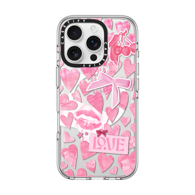 Hyakume x CASETiFY iPhone 16 Pro ケース クリア クリア ケース MagSafe対応 Transparent Pink Hearts Ribbon Stickers Love Cherry Kiss Stars Coquette Collage