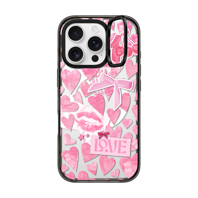 Hyakume x CASETiFY iPhone 16 Pro ケース ブラック インパクトリングスタンドケース MagSafe対応 Transparent Pink Hearts Ribbon Stickers Love Cherry Kiss Stars Coquette Collage