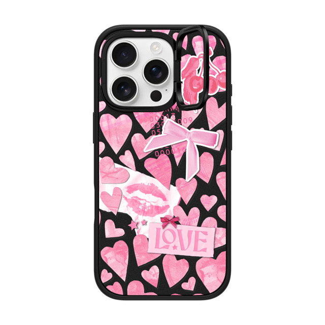 Hyakume x CASETiFY iPhone 16 Pro ケース マットブラック インパクトリングスタンドケース MagSafe対応 Transparent Pink Hearts Ribbon Stickers Love Cherry Kiss Stars Coquette Collage