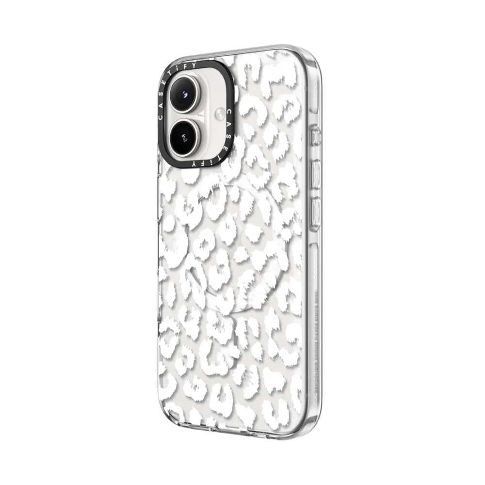 Impact Clear iPhone 16 Case MagSafe Compatible - White Transparent Leopard Animal Print