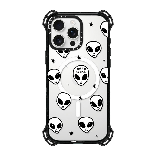 Hyakume x CASETiFY iPhone 16 Pro Max ケース ブラック バウンスケース Cute White UFO Space Alien Drawing Pattern