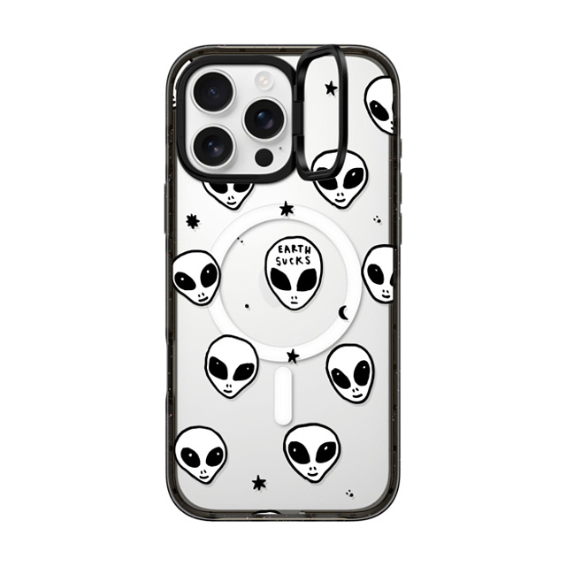 Hyakume x CASETiFY iPhone 16 Pro Max ケース ブラック インパクトリングスタンドケース MagSafe対応 Cute White UFO Space Alien Drawing Pattern