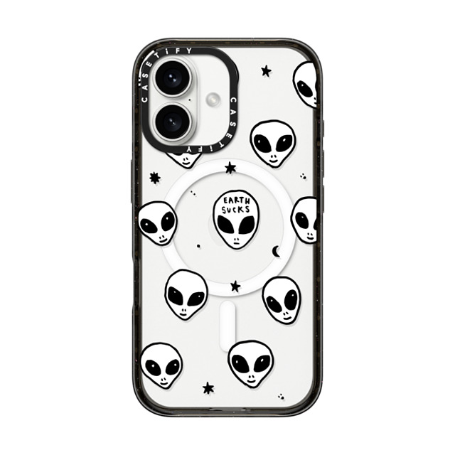 Hyakume x CASETiFY iPhone 16 ケース ブラック インパクトケース MagSafe対応 Cute White UFO Space Alien Drawing Pattern