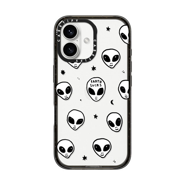 Hyakume x CASETiFY iPhone 16 ケース ブラック インパクトケース Cute White UFO Space Alien Drawing Pattern