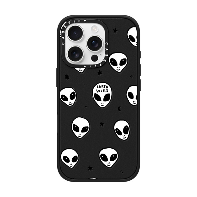 Hyakume x CASETiFY iPhone 16 Pro ケース マットブラック インパクトケース MagSafe対応 Cute White UFO Space Alien Drawing Pattern