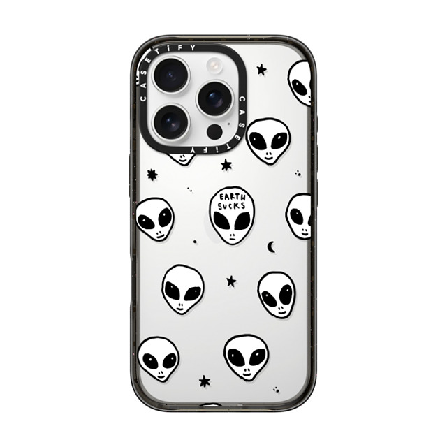 Hyakume x CASETiFY iPhone 16 Pro ケース ブラック インパクトケース Cute White UFO Space Alien Drawing Pattern