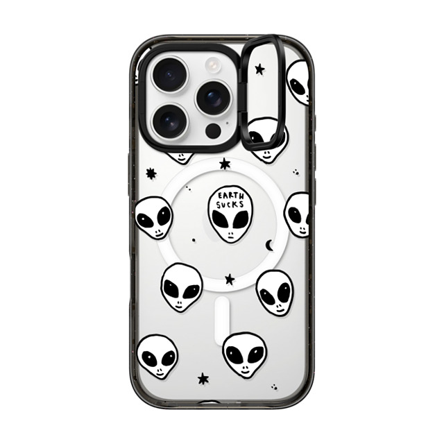 Hyakume x CASETiFY iPhone 16 Pro ケース ブラック インパクトリングスタンドケース MagSafe対応 Cute White UFO Space Alien Drawing Pattern