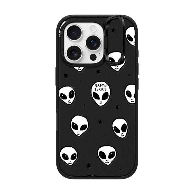 Hyakume x CASETiFY iPhone 16 Pro ケース マットブラック インパクトリングスタンドケース MagSafe対応 Cute White UFO Space Alien Drawing Pattern