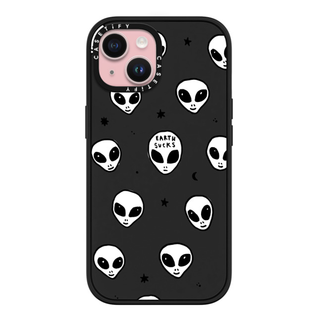 Hyakume x CASETiFY iPhone 15 ケース マットブラック インパクトケース MagSafe対応 Cute White UFO Space Alien Drawing Pattern