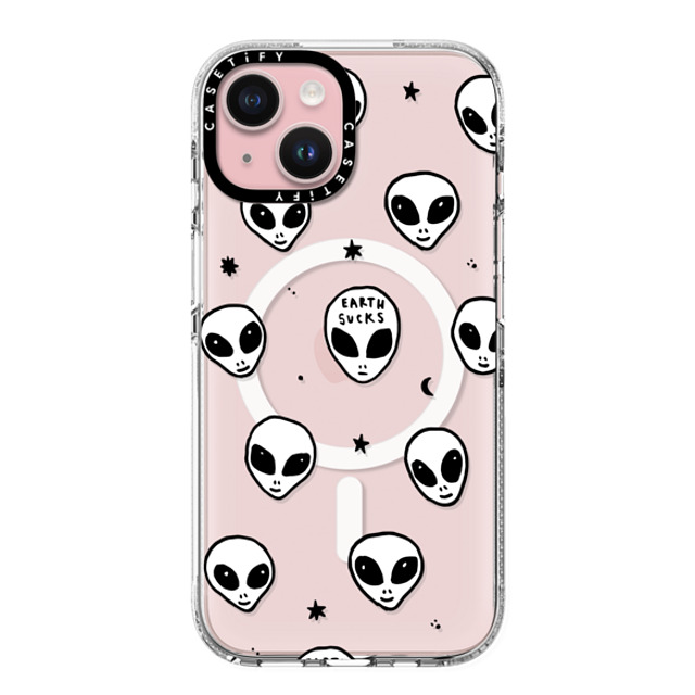 Hyakume x CASETiFY iPhone 15 ケース クリア クリア ケース MagSafe対応 Cute White UFO Space Alien Drawing Pattern