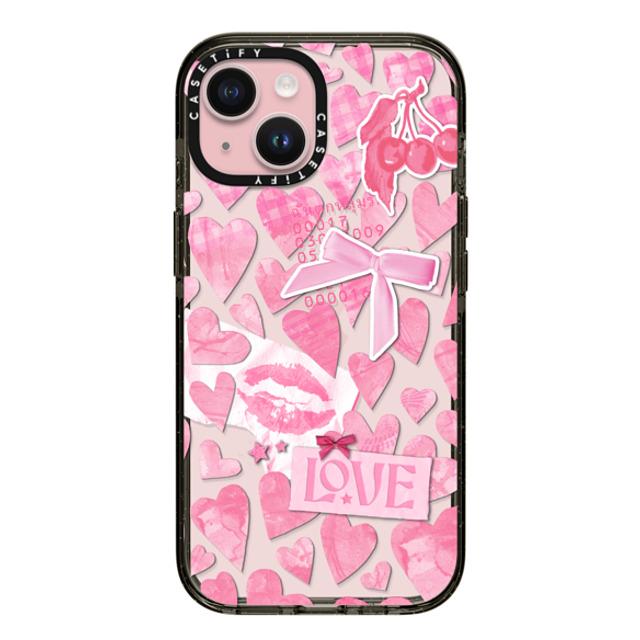 Hyakume x CASETiFY iPhone 15 ケース ブラック インパクトケース Transparent Pink Hearts Ribbon Stickers Love Cherry Kiss Stars Coquette Collage