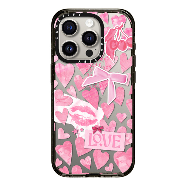 Hyakume x CASETiFY iPhone 15 Pro ケース ブラック インパクトケース Transparent Pink Hearts Ribbon Stickers Love Cherry Kiss Stars Coquette Collage