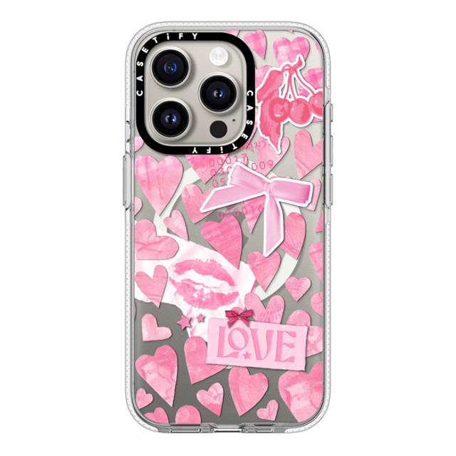 Hyakume x CASETiFY iPhone 15 Pro ケース クリア クリア ケース MagSafe対応 Transparent Pink Hearts Ribbon Stickers Love Cherry Kiss Stars Coquette Collage