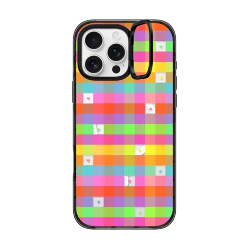 iPhone 16 Pro Max - Transparent Vibrant Neon Multicolor Checkered Hearts Stars Pattern