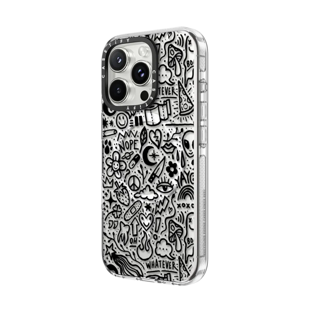Clear iPhone 16 Pro Case MagSafe Compatible - Transparent Black Cute Funny Doodle Graffiti Drawings