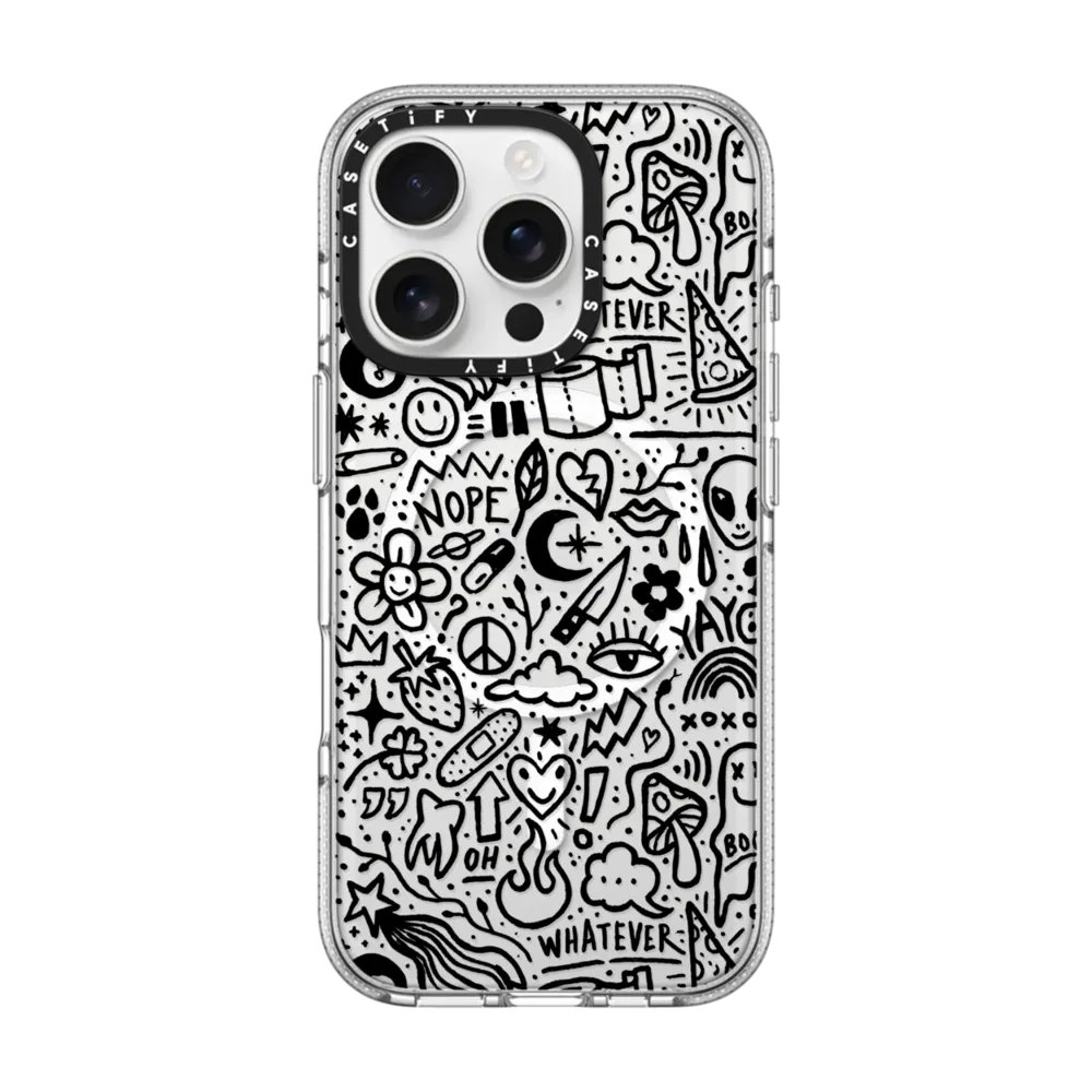 Clear iPhone 16 Pro Case MagSafe Compatible - Transparent Black Cute Funny Doodle Graffiti Drawings