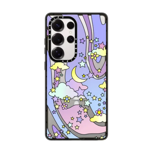 Galaxy S25 Ultra - Transparent Pastel Trippy Swirls Moon Stars And Clouds 70s Retro Design