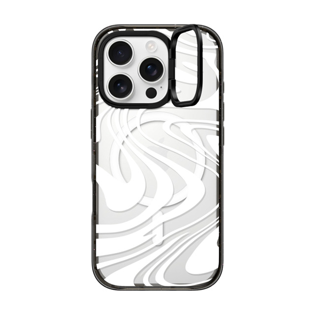 Hyakume x CASETiFY iPhone 16 Pro ケース ブラック インパクトリングスタンドケース MagSafe対応 Marble Transparent Trippy Wavy Swirl White Spiral Warp Twirl Retro 70s Psychedelic Acid Groovy Abstract Pattern