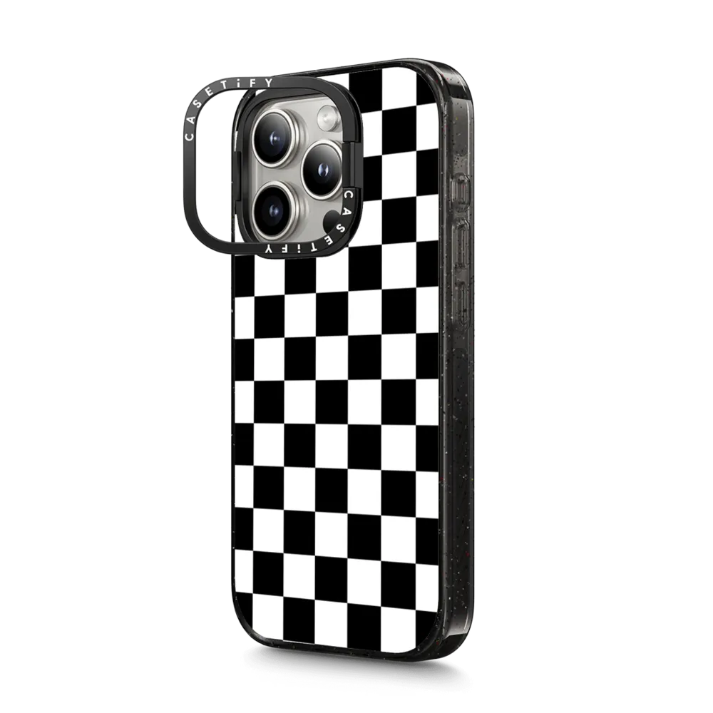 Impact Ring Stand iPhone 15 Pro Max Case MagSafe Compatible - Black White Check Checkerboard Chess Board Two Tone Ska Pattern