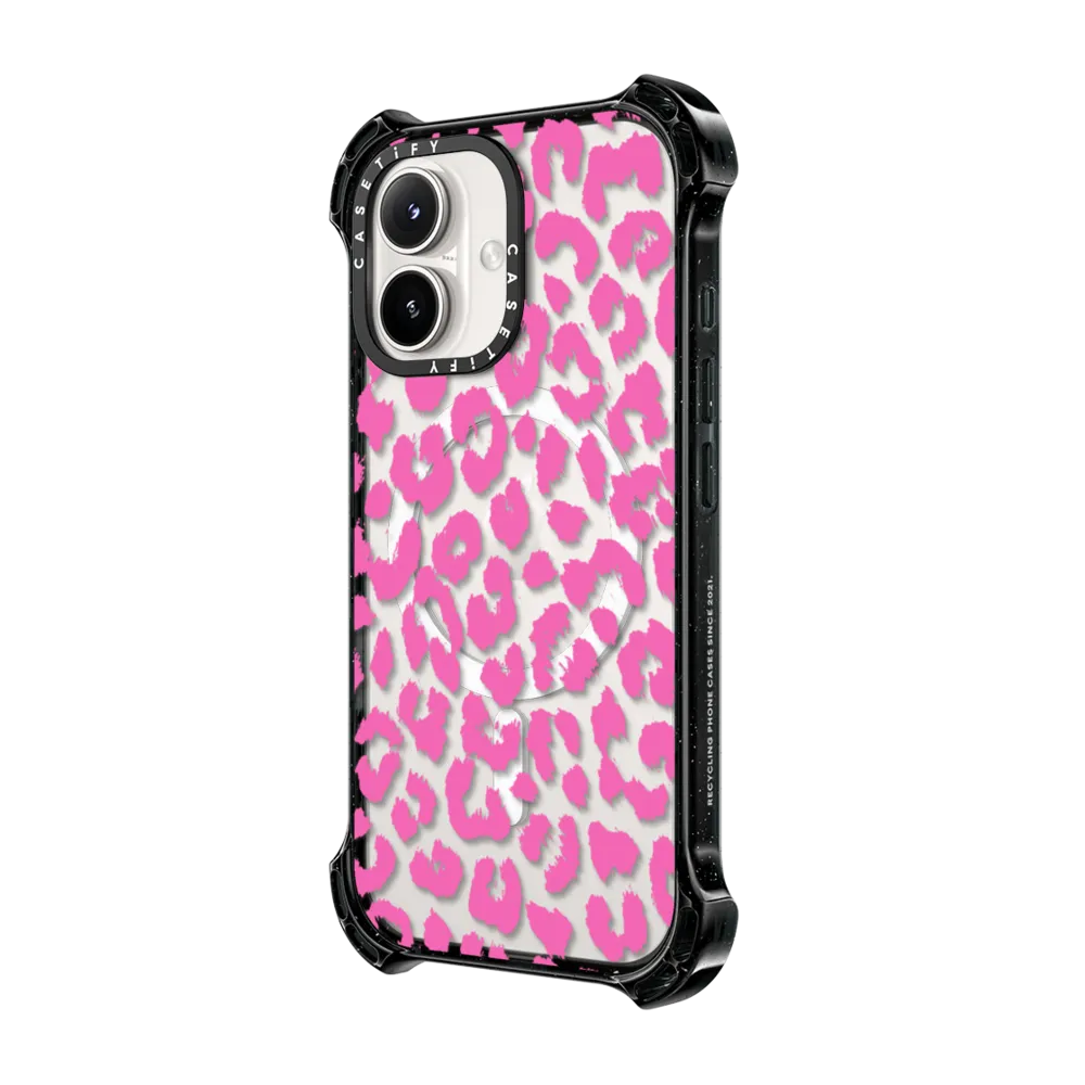 Bounce iPhone 16 Case MagSafe Compatible - Pink Transparent Leopard Print