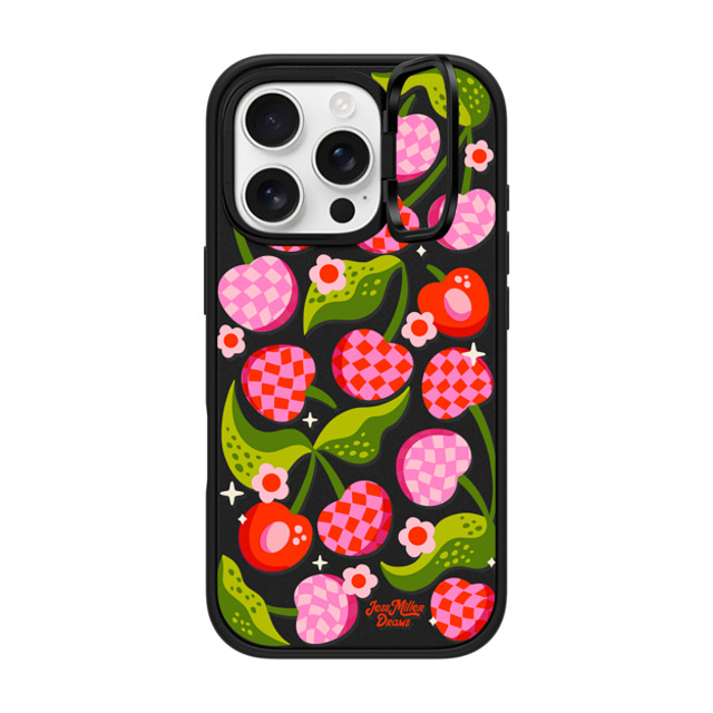 Jess Miller Draws x CASETiFY iPhone 16 Pro ケース マットブラック インパクトリングスタンドケース MagSafe対応 Checkered Cherries