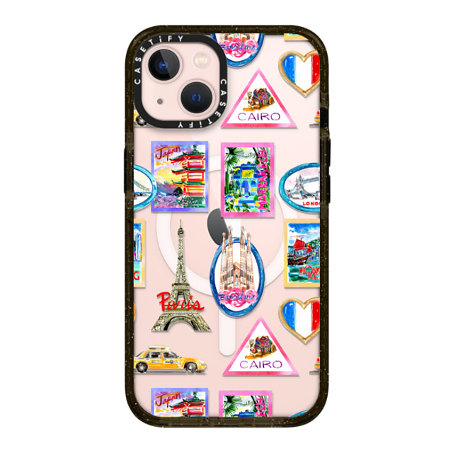 Travel Write Draw x CASETiFY iPhone 13 ケース ブラック インパクトケース MagSafe対応 Vintage Luggage Stickers