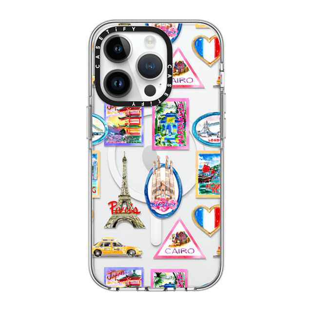 Travel Write Draw x CASETiFY iPhone 14 Pro ケース クリア クリア ケース MagSafe対応 Vintage Luggage Stickers