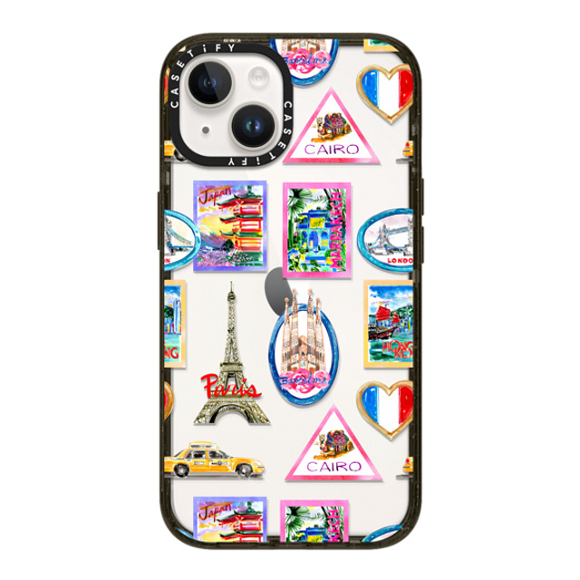 Travel Write Draw x CASETiFY iPhone 14 ケース ブラック インパクトケース Vintage Luggage Stickers