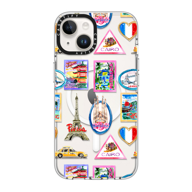 Travel Write Draw x CASETiFY iPhone 14 ケース クリア クリア ケース MagSafe対応 Vintage Luggage Stickers