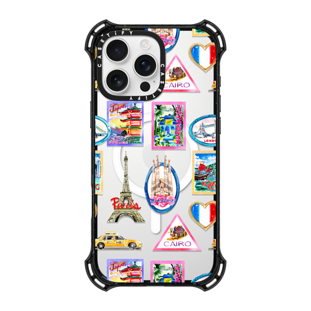 Travel Write Draw x CASETiFY iPhone 16 Pro Max ケース ブラック バウンスケース Vintage Luggage Stickers