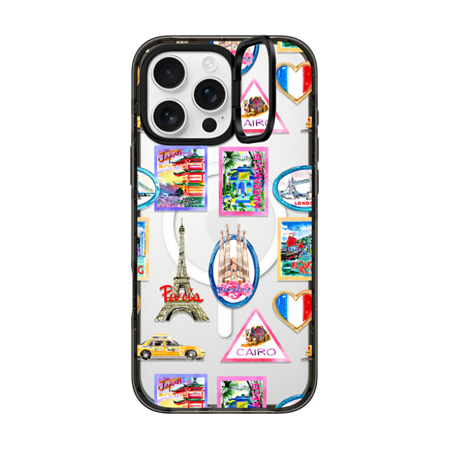 Travel Write Draw x CASETiFY iPhone 16 Pro Max ケース ブラック インパクトリングスタンドケース MagSafe対応 Vintage Luggage Stickers