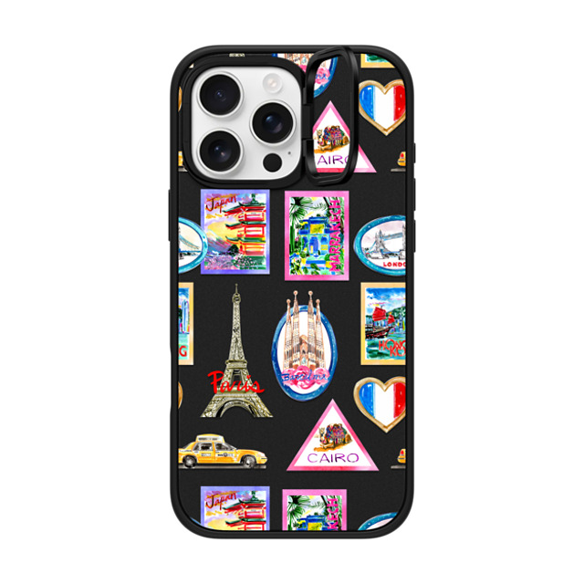 Travel Write Draw x CASETiFY iPhone 16 Pro Max ケース マットブラック インパクトリングスタンドケース MagSafe対応 Vintage Luggage Stickers