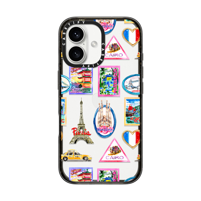 Travel Write Draw x CASETiFY iPhone 16 ケース ブラック インパクトケース Vintage Luggage Stickers