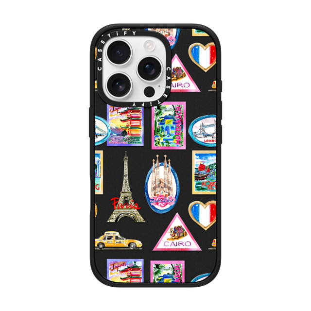 Travel Write Draw x CASETiFY iPhone 16 Pro ケース マットブラック インパクトケース MagSafe対応 Vintage Luggage Stickers