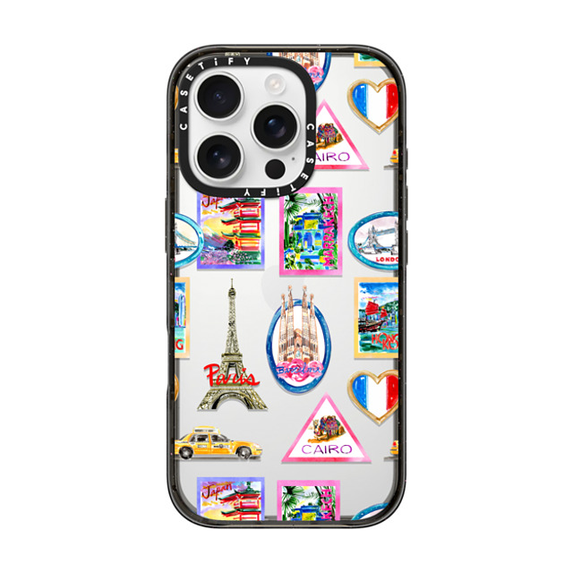 Travel Write Draw x CASETiFY iPhone 16 Pro ケース ブラック インパクトケース Vintage Luggage Stickers