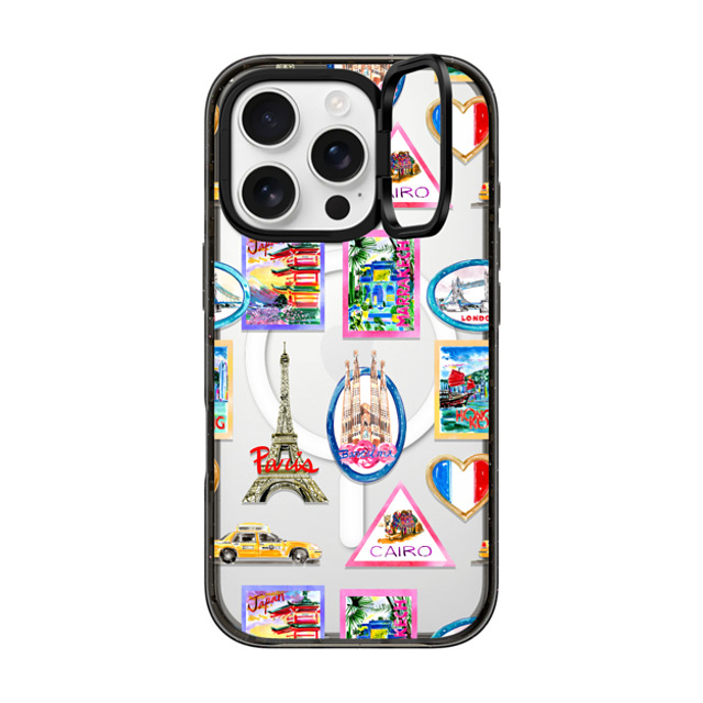 Travel Write Draw x CASETiFY iPhone 16 Pro ケース ブラック インパクトリングスタンドケース MagSafe対応 Vintage Luggage Stickers