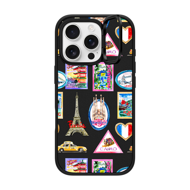 Travel Write Draw x CASETiFY iPhone 16 Pro ケース マットブラック インパクトリングスタンドケース MagSafe対応 Vintage Luggage Stickers