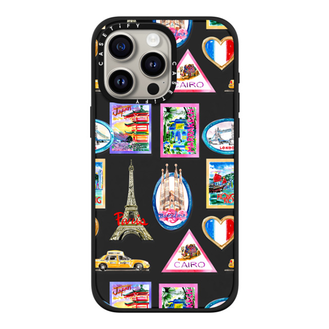 Travel Write Draw x CASETiFY iPhone 15 Pro Max ケース マットブラック インパクトケース MagSafe対応 Vintage Luggage Stickers