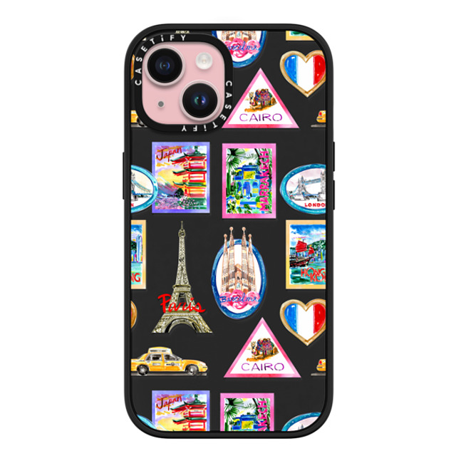 Travel Write Draw x CASETiFY iPhone 15 ケース マットブラック インパクトケース MagSafe対応 Vintage Luggage Stickers