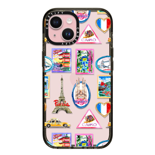 Travel Write Draw x CASETiFY iPhone 15 ケース ブラック インパクトケース Vintage Luggage Stickers