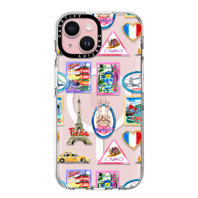 Travel Write Draw x CASETiFY iPhone 15 ケース クリア クリア ケース MagSafe対応 Vintage Luggage Stickers