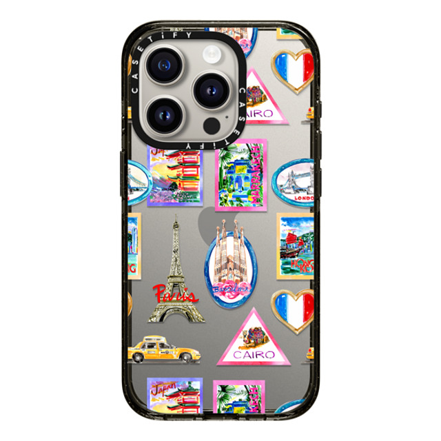 Travel Write Draw x CASETiFY iPhone 15 Pro ケース ブラック インパクトケース Vintage Luggage Stickers