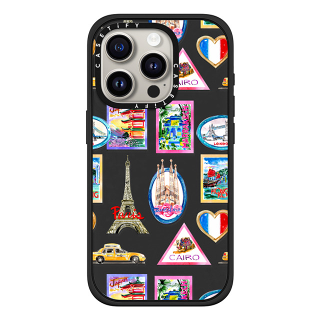 Travel Write Draw x CASETiFY iPhone 15 Pro ケース マットブラック インパクトケース MagSafe対応 Vintage Luggage Stickers