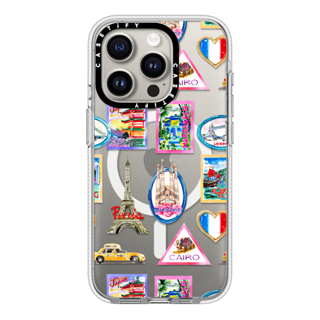 Travel Write Draw x CASETiFY iPhone 15 Pro ケース クリア クリア ケース MagSafe対応 Vintage Luggage Stickers